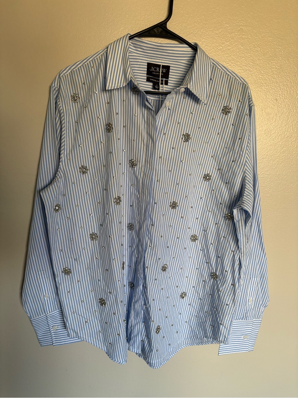 J. Crew Women’s Garçon Classic Fit Blue Stripe Embellished Button-Up Shirt
